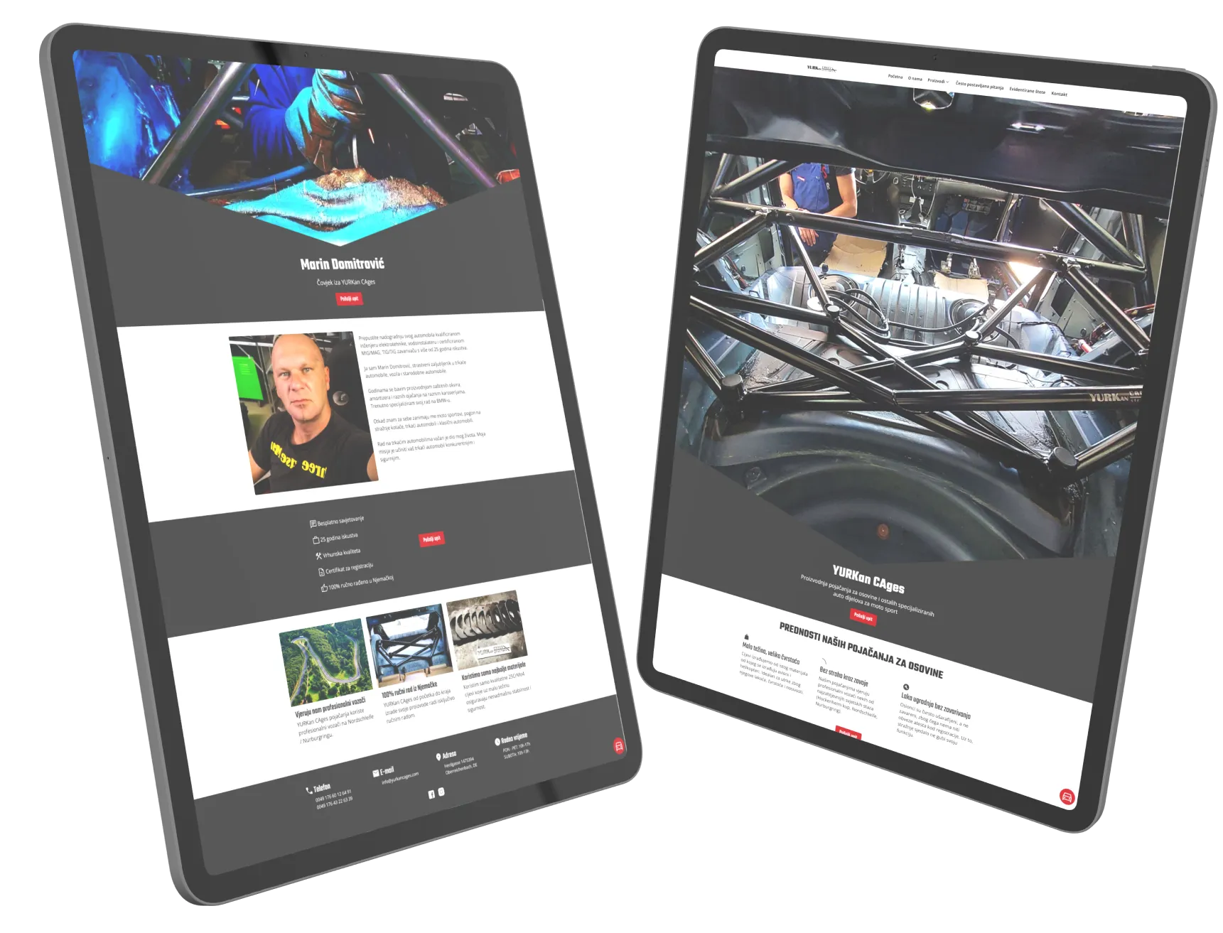 Two tablet mockups showing the website